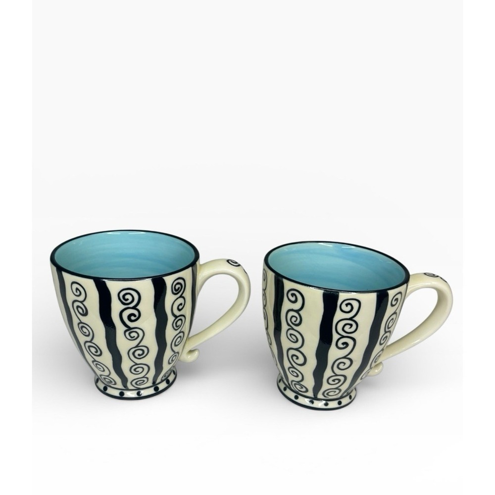 2x Starbucks‎ Barista 2002 Pedestal Mug Cup Ivory Blue Black Henna Swirls Y2K
